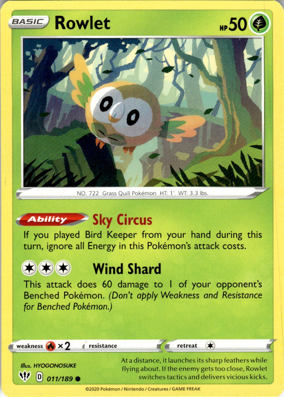 Rowlet 011/189 Common Darkness Ablaze Pokemon NM