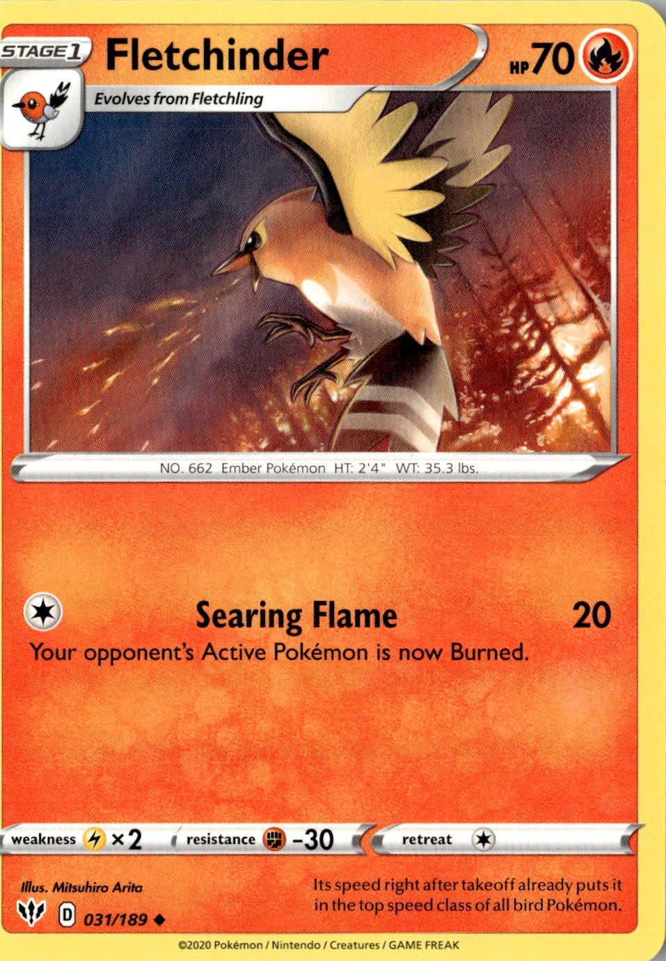 2020 POKEMON FLETCHINDER 031/189 UNCOMMON DARKNESS ABLAZE NEAR MINT