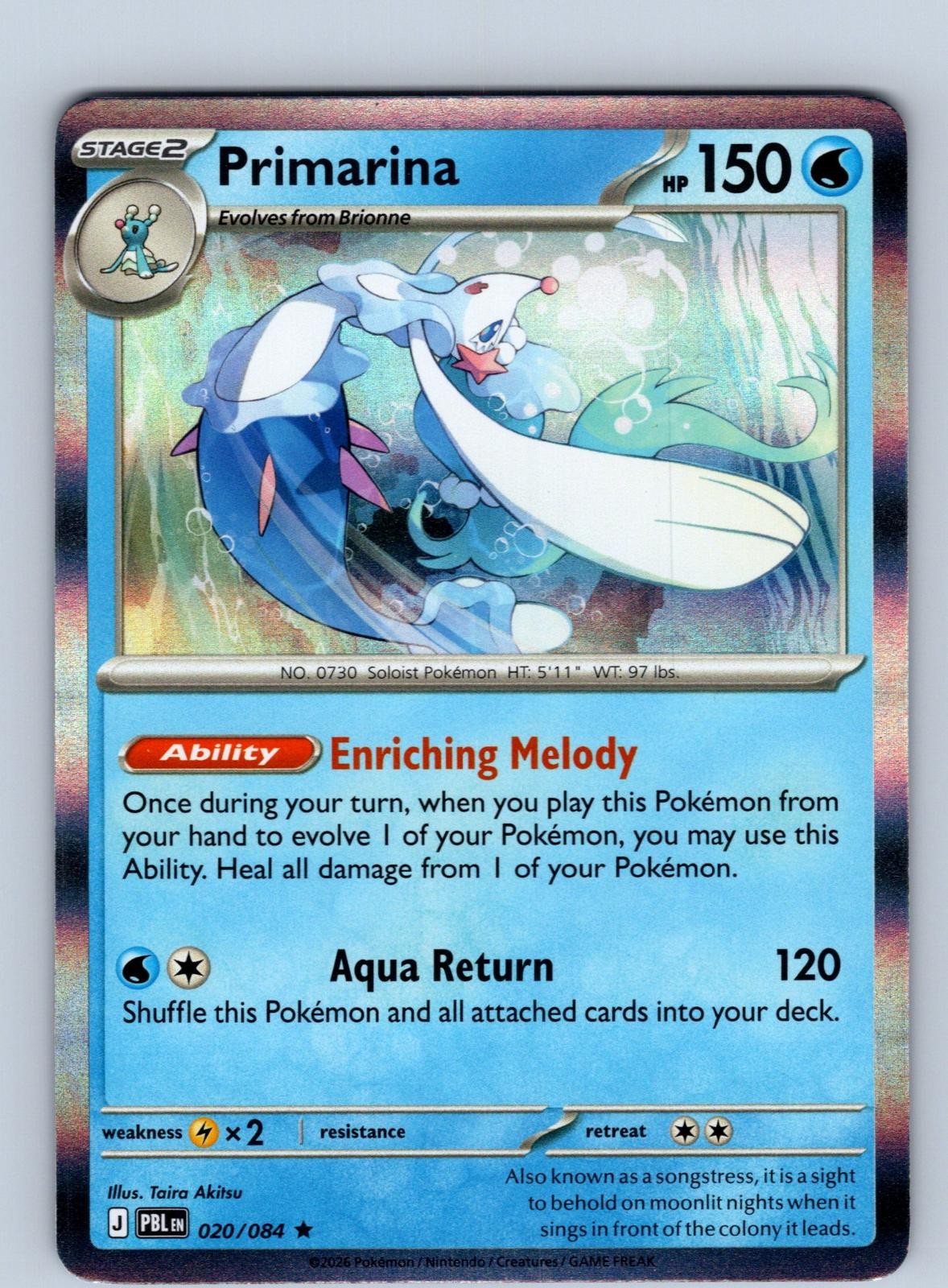 Primarina 020/084 Rare Pitch Black Pokemon Holo Near Mint