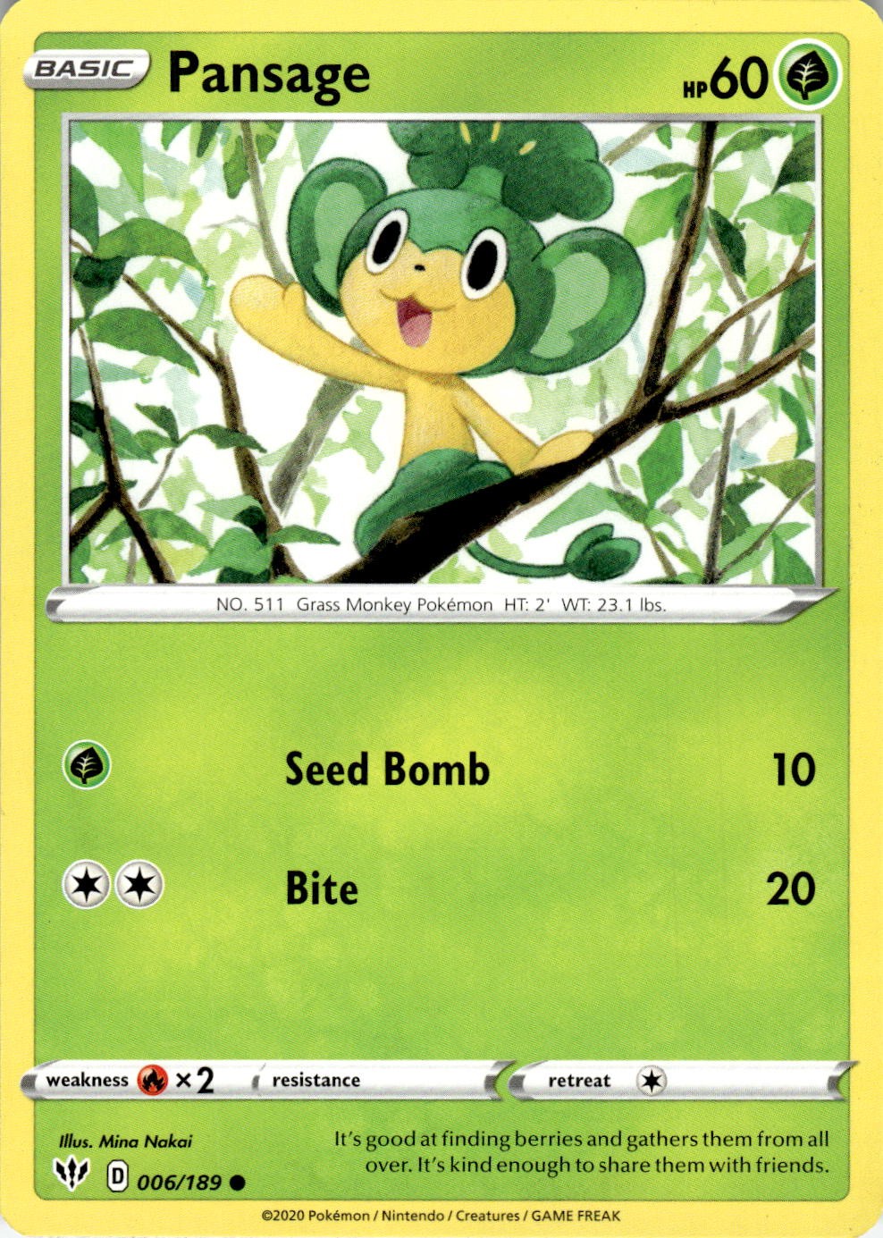 Pansage 006/189 Common Darkness Ablaze Pokemon Near Mint
