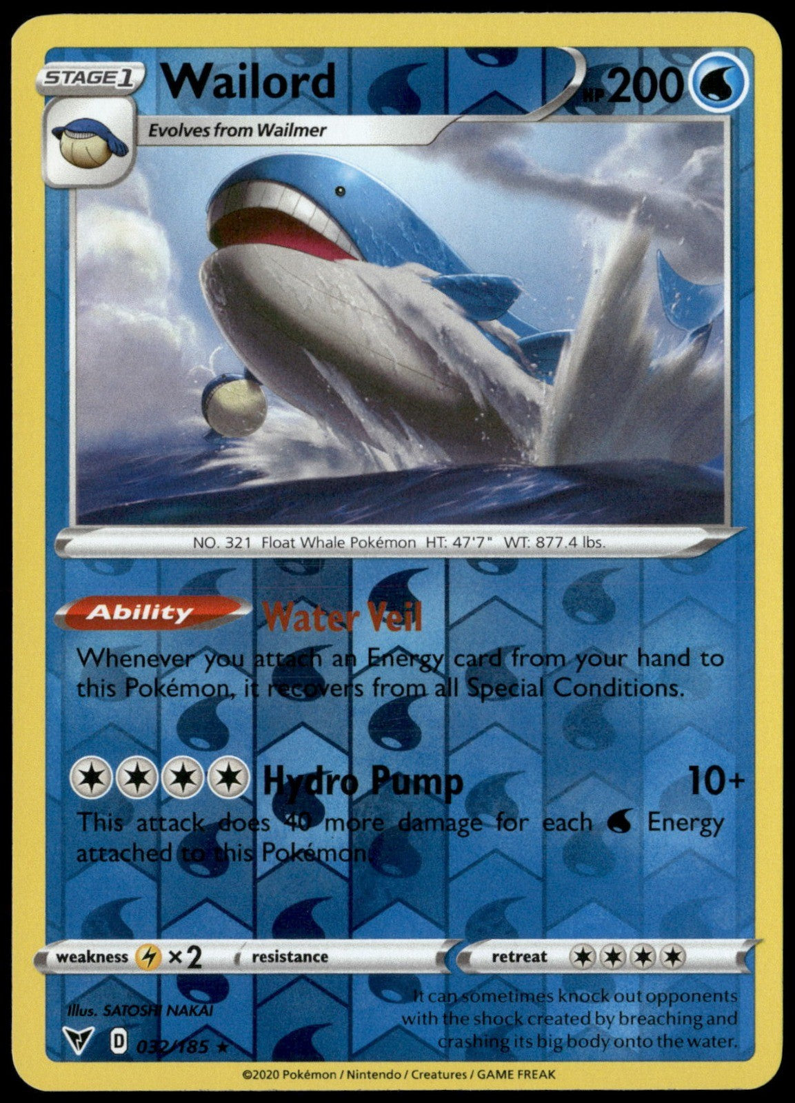 Wailord Reverse Holo Holo Rare SWSH04: Vivid Voltage 032/185 NM
