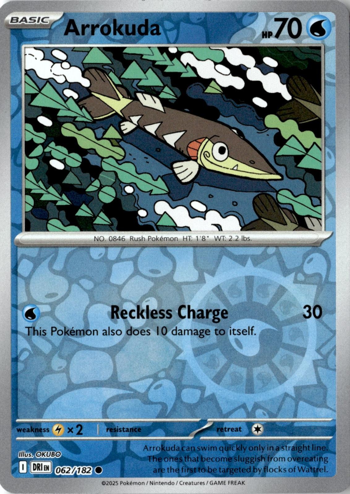 2025 POKEMON ARROKUDA 062/182 COMMON DESTINED RIVALS REVERSE HOLO NEAR MINT