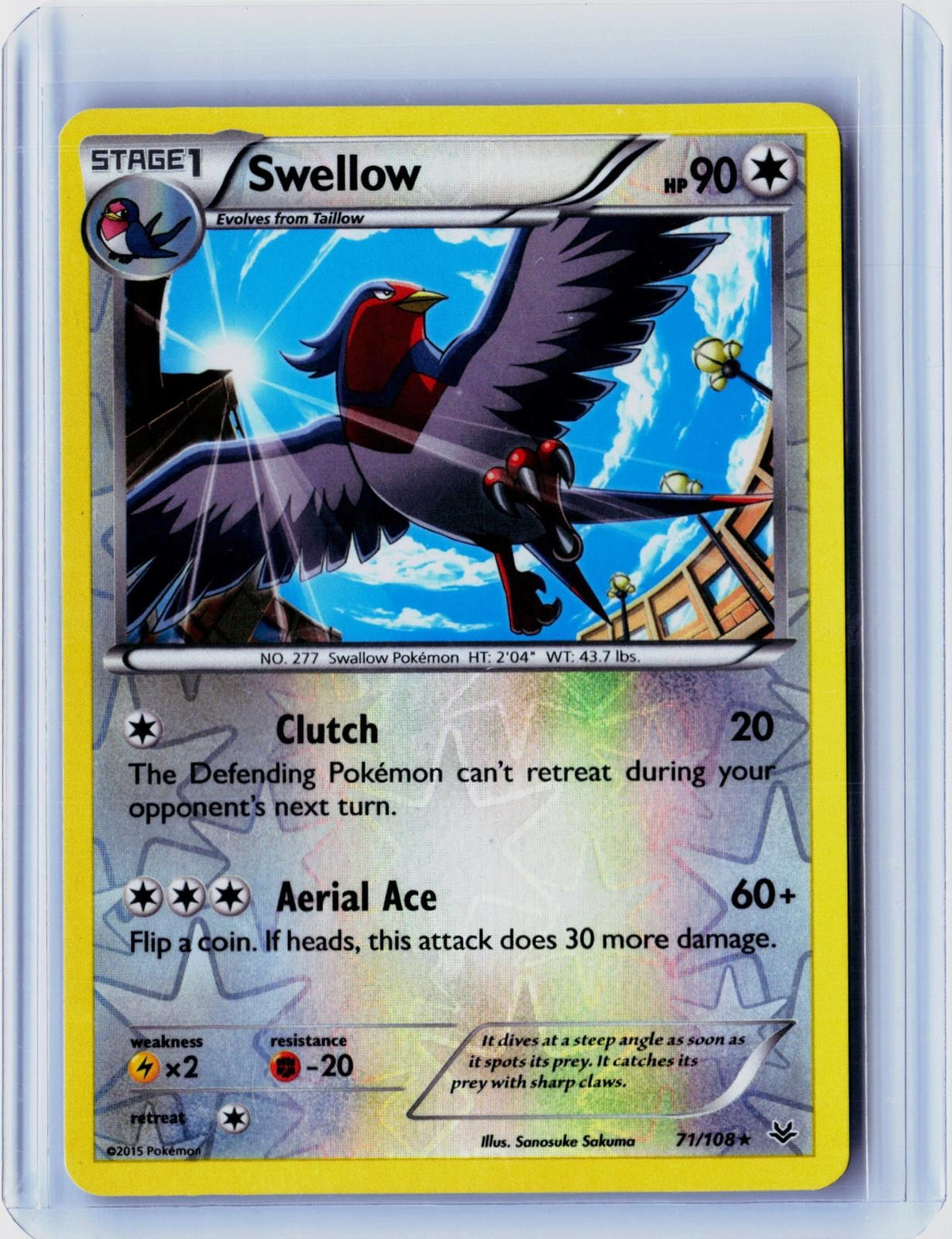 2015 POKEMON SWELLOW 71/108 REVERSE HOLO ROARING SKIES NEAR MINT