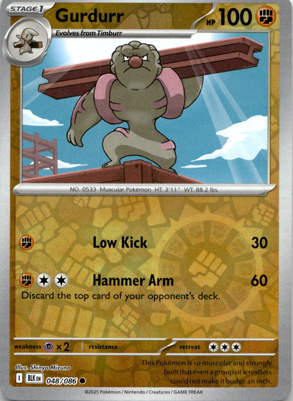 Gurdurr 048/086 Common Black Bolt Pokemon Reverse Holo Near Mint