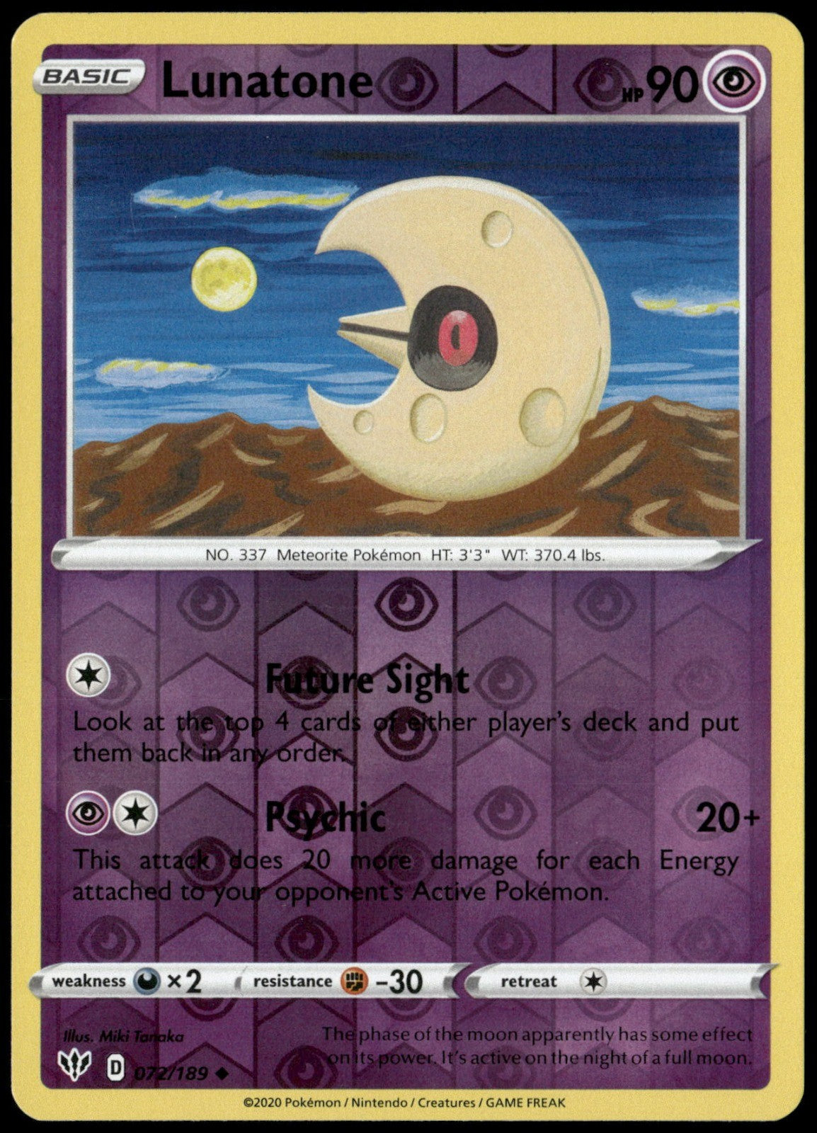 Lunatone Reverse Holo Uncommon SWSH03: Darkness Ablaze 072/189 NM