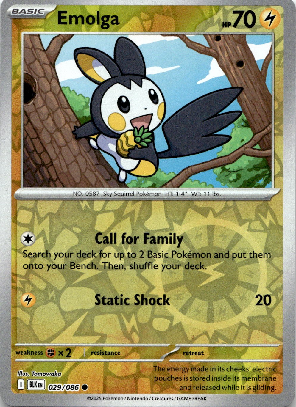 Emolga 029/086 Common Black Bolt Pokemon Reverse Holo Near Mint