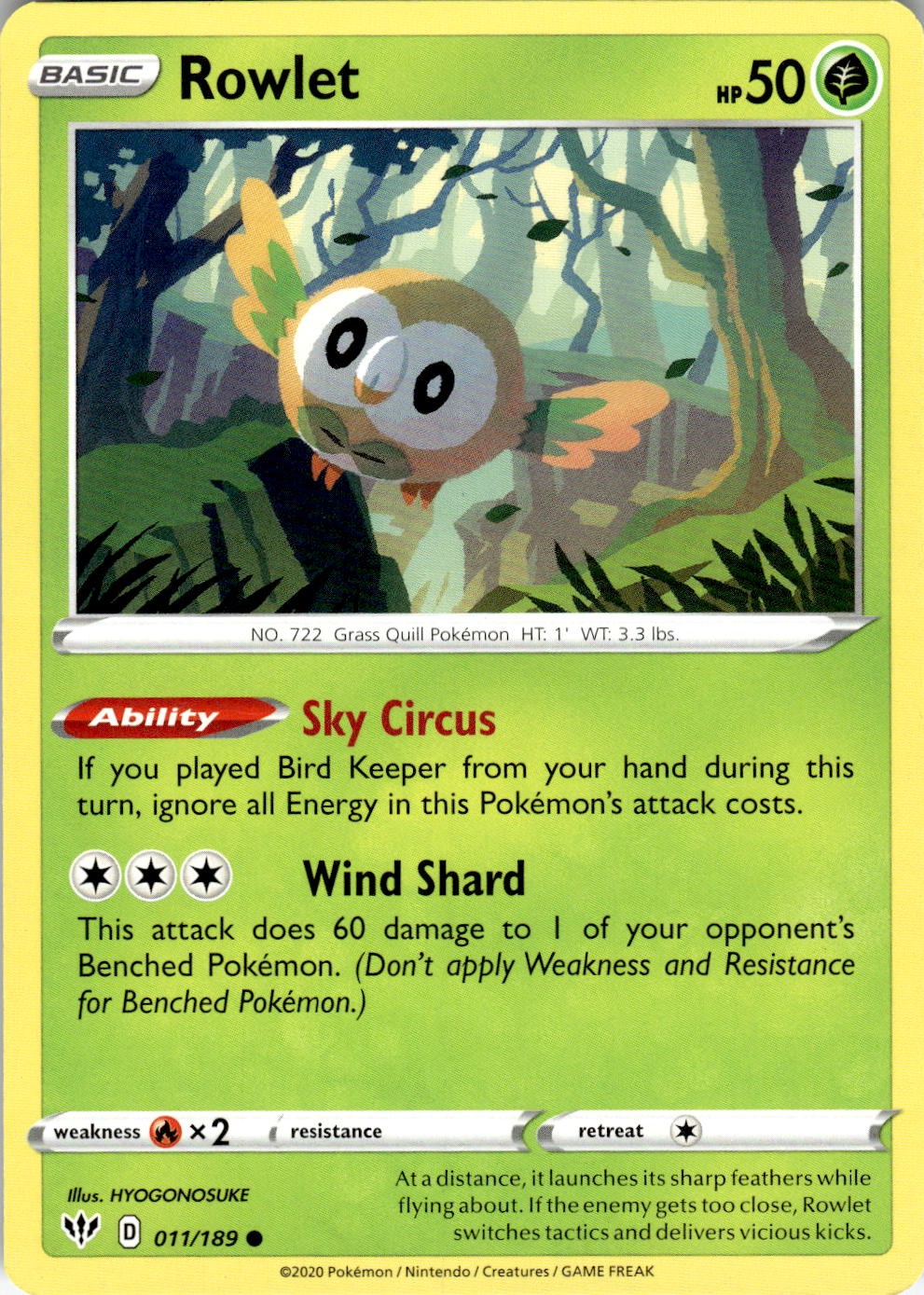 Rowlet 011/189 Common Darkness Ablaze Pokemon Near Mint