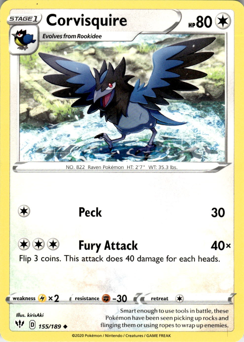 Corvisquire 155/189 Uncommon Darkness Ablaze Pokemon Near Mint
