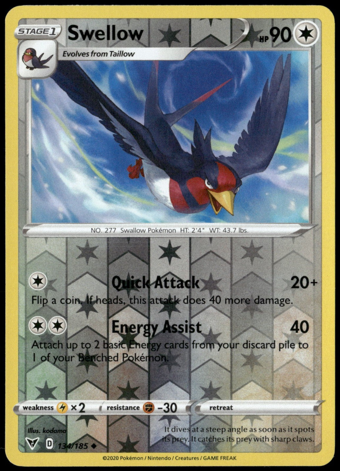 Swellow Reverse Holo Uncommon SWSH04: Vivid Voltage 134/185 NM