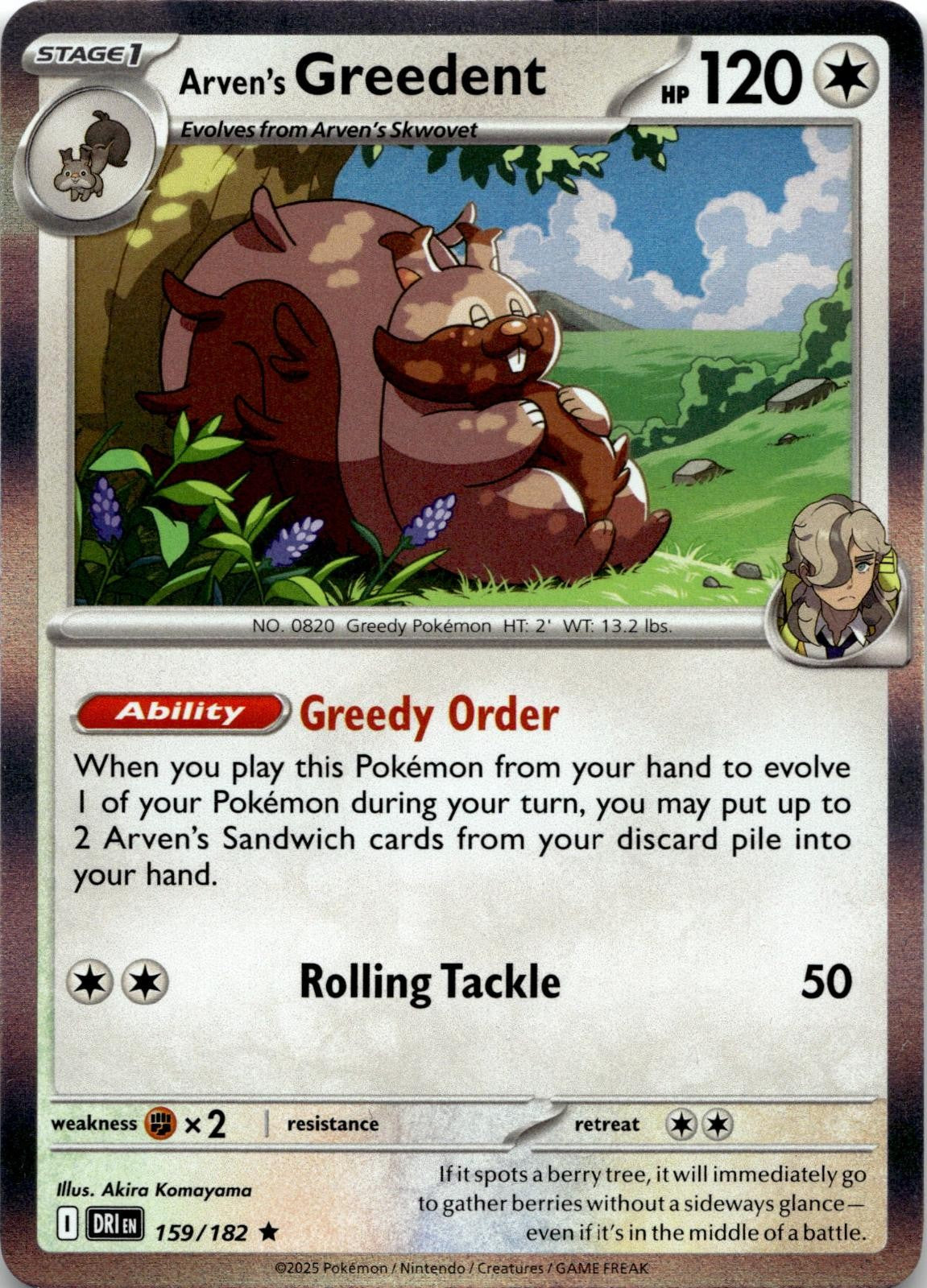 Arven's Greedent 159/182 Rare Destined Rivals Pokemon Holo Near Mint