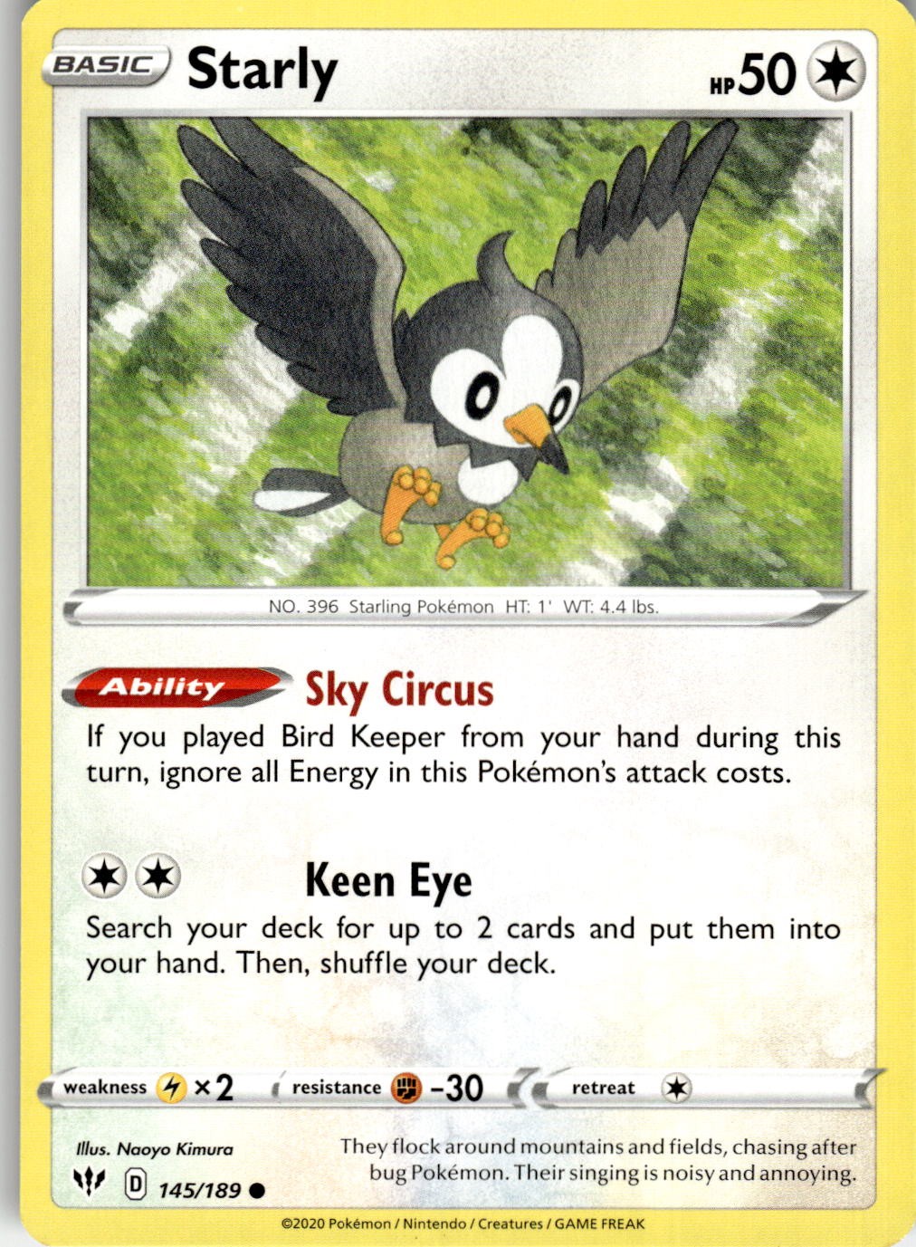 Starly 145/189 Common Darkness Ablaze Pokemon Near Mint
