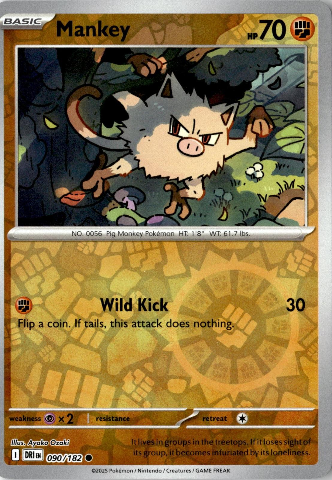 2025 POKEMON MANKEY 090/182 COMMON DESTINED RIVALS REVERSE HOLO NEAR MINT