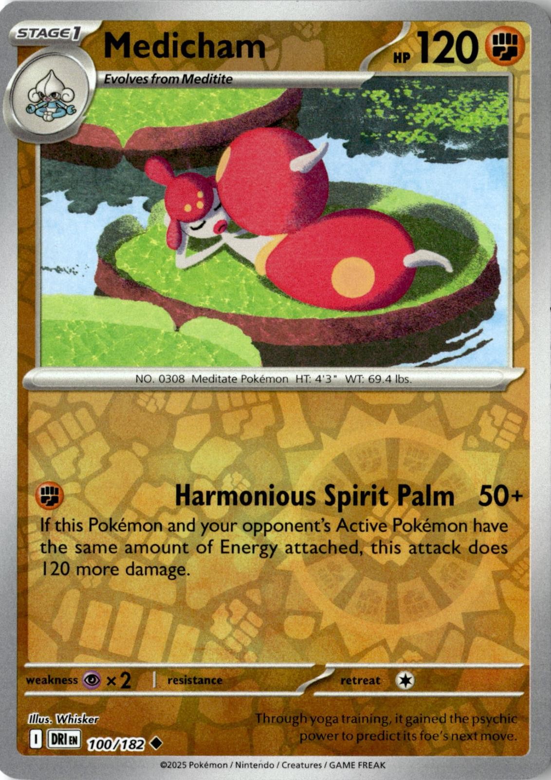 2025 POKEMON MEDICHAM 100/182 UNCOMMON DESTINED RIVALS REVERSE HOLO NEAR MINT