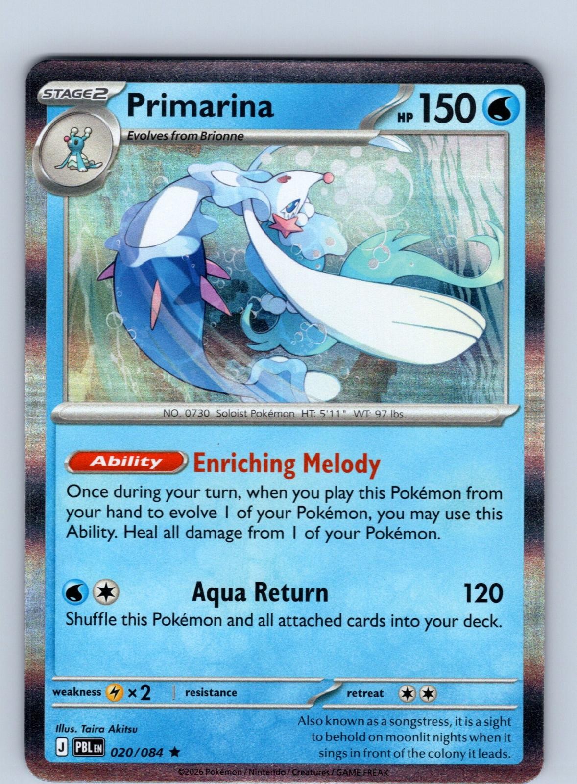 Primarina 020/084 Rare Pitch Black Pokemon Holo Near Mint