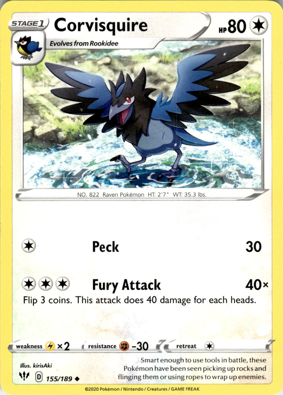 Corvisquire 155/189 Uncommon Darkness Ablaze Pokemon Near Mint