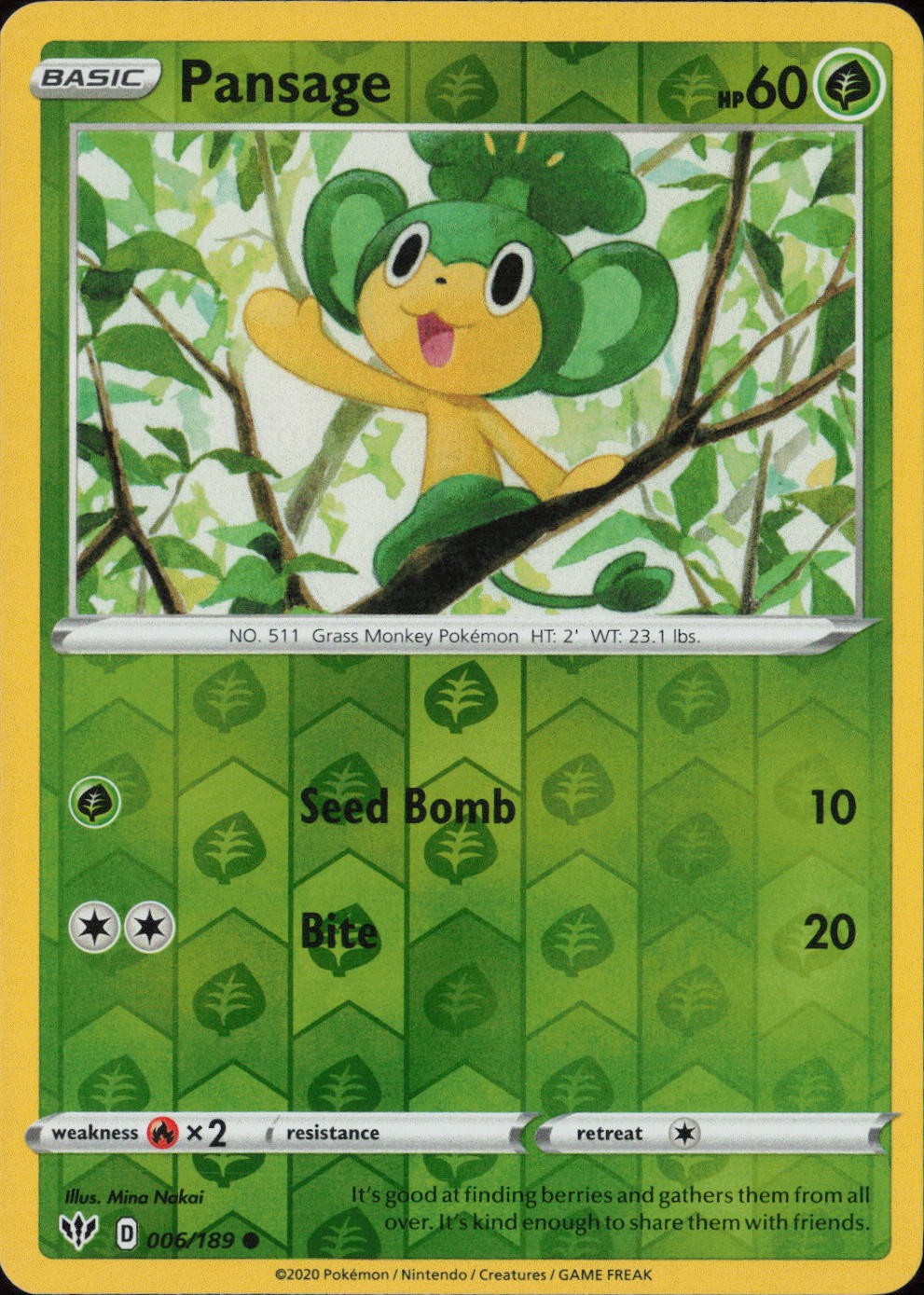 Pansage Reverse Holo Common SWSH03: Darkness Ablaze 006/189 NM