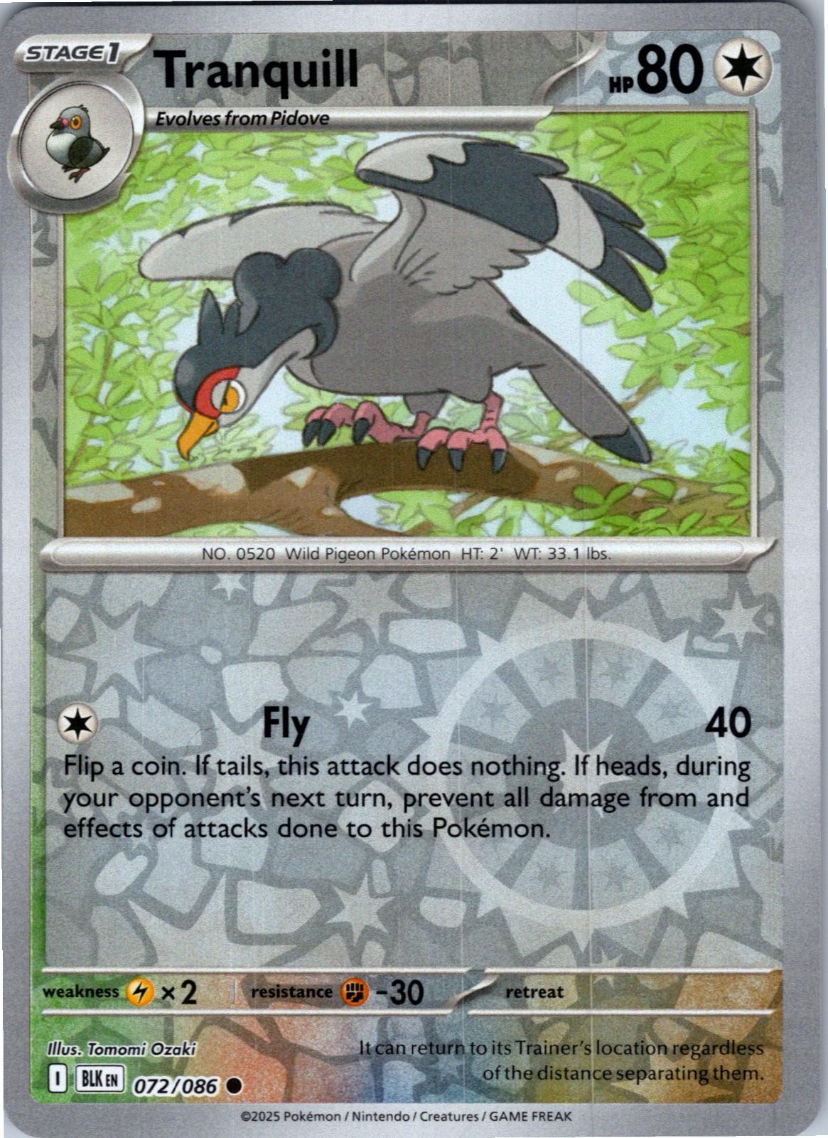 Tranquill Reverse Holo 072/086 Common Black Bolt Pokemon Holo LP
