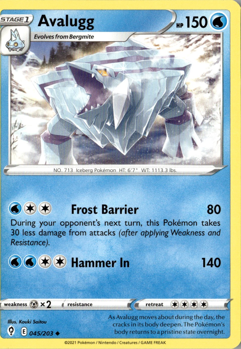 2021 POKEMON AVALUGG 045/203 UNCOMMON EVOLVING SKIES NEAR MINT