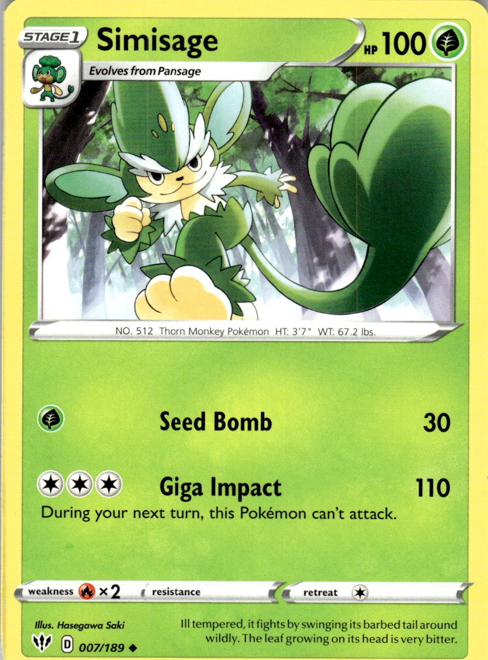 2020 POKEMON SIMISAGE 007/189 UNCOMMON DARKNESS ABLAZE NEAR MINT