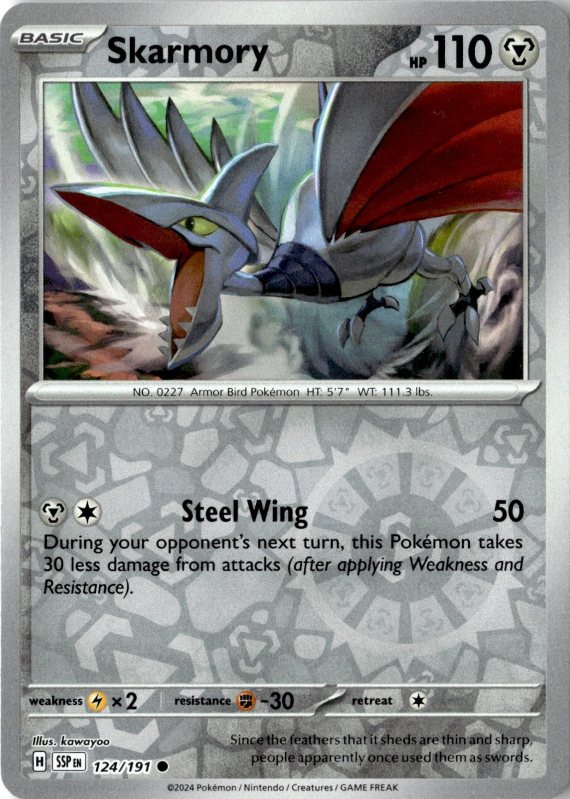2024 POKEMON SKARMORY 124/191 COMMON SURGING SPARKS REVERSE HOLO NEAR MINT