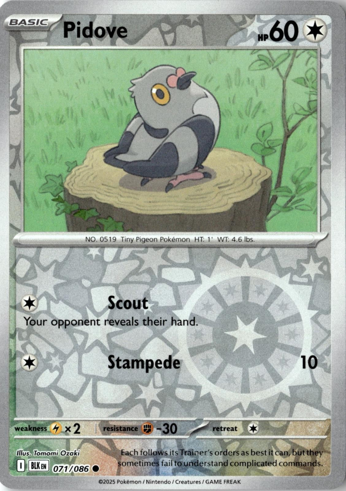 2025 POKEMON PIDOVE 071/086 COMMON BLACK BOLT REVERSE HOLO NEAR MINT