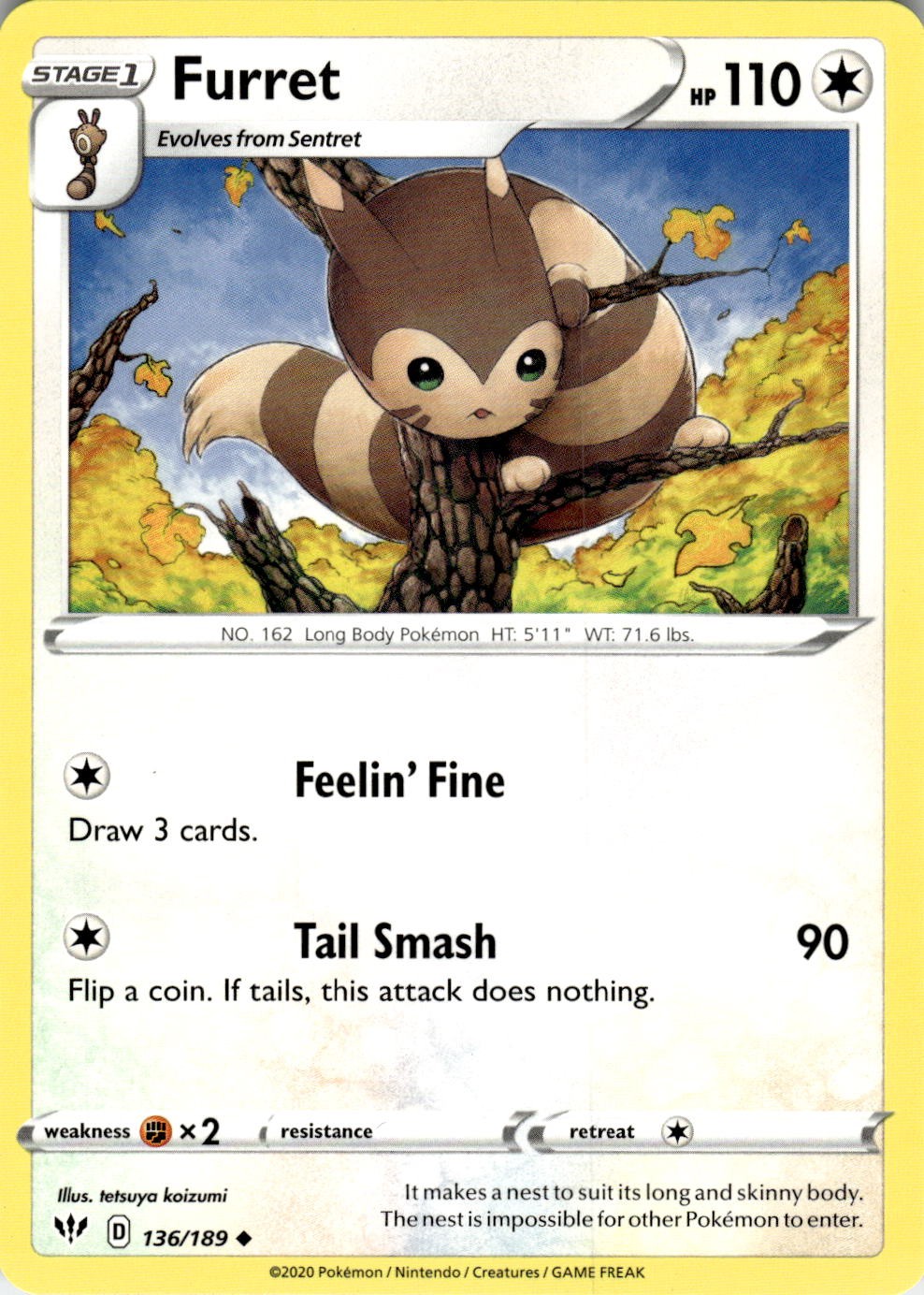 Furret 136/189 Uncommon Darkness Ablaze Pokemon Near Mint
