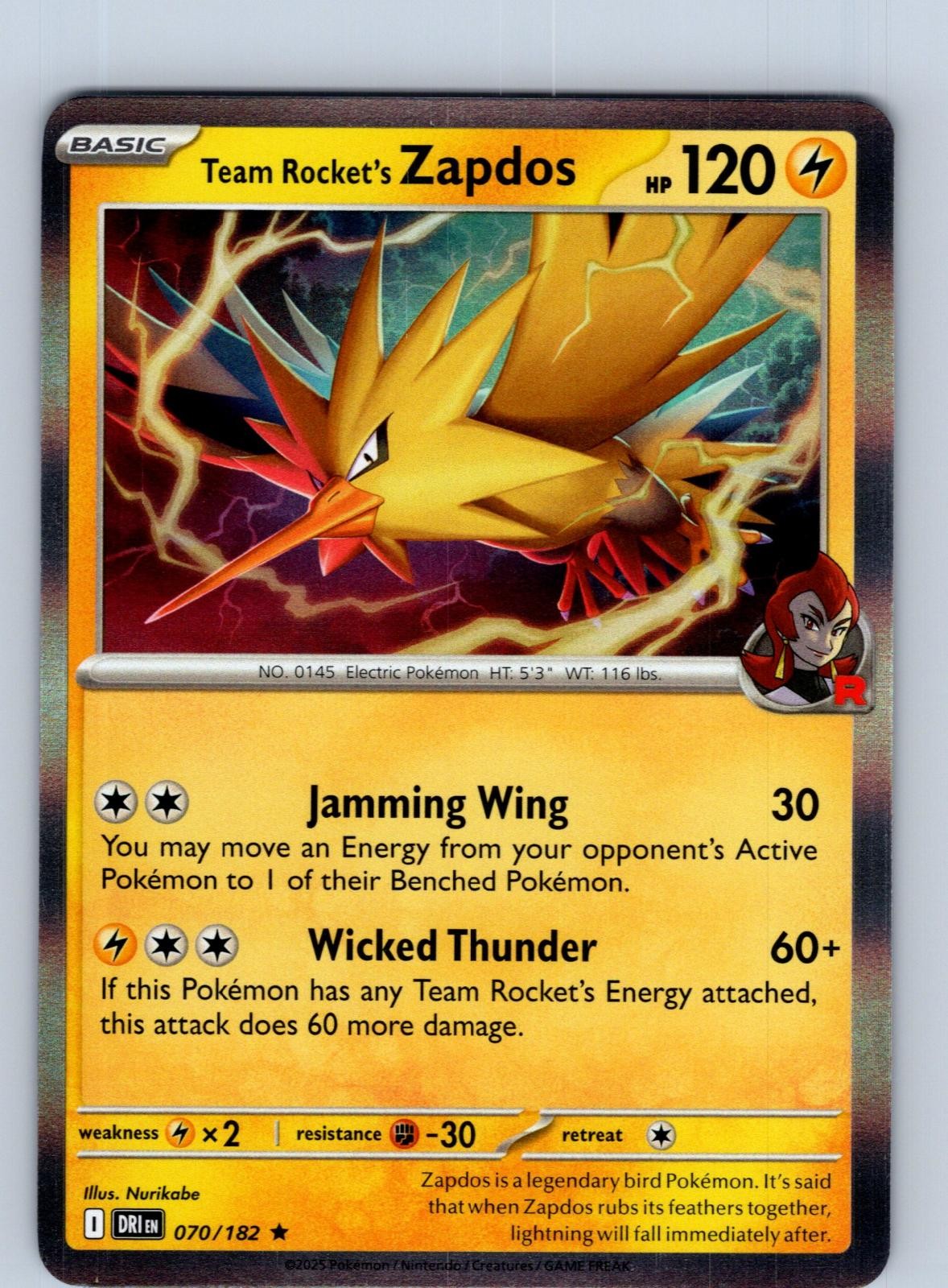 Team Rocket's Zapdos 070/182 Rare Destined Rivals Pokemon Holo Near Mint