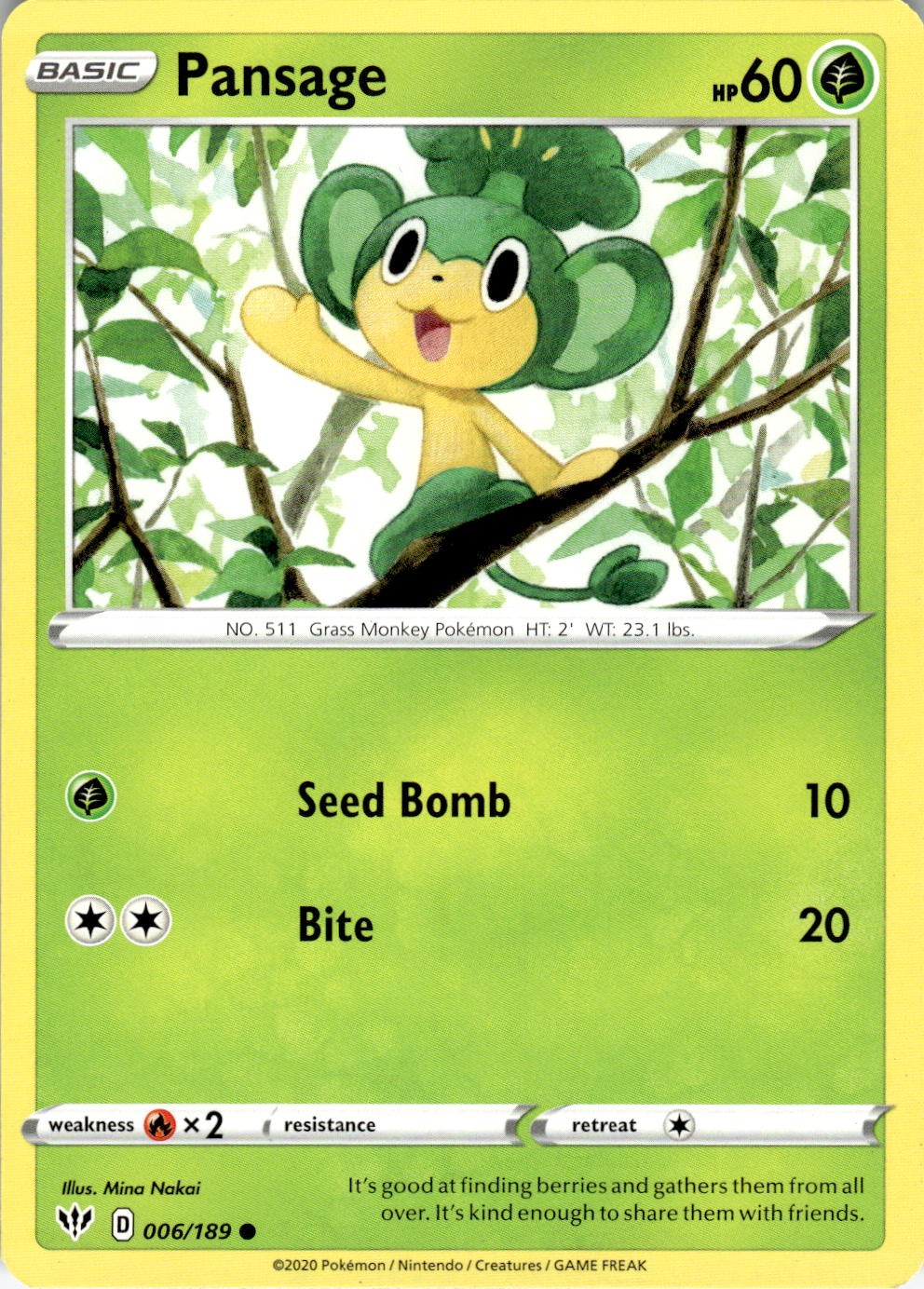 Pansage 006/189 Common Darkness Ablaze Pokemon Lightly Played