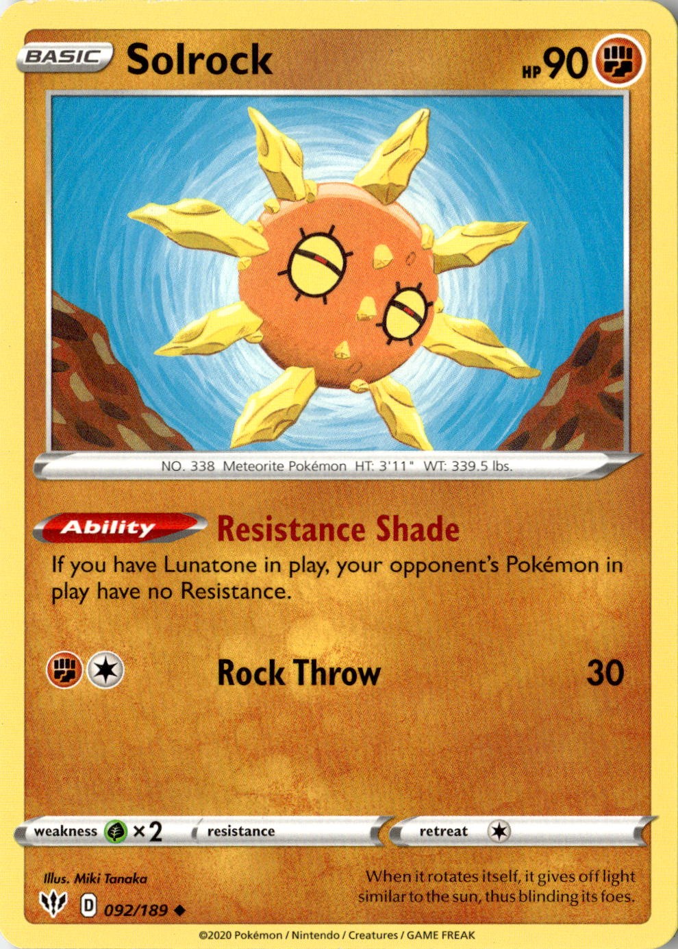 2020 POKEMON SOLROCK 092/189 UNCOMMON DARKNESS ABLAZE NEAR MINT