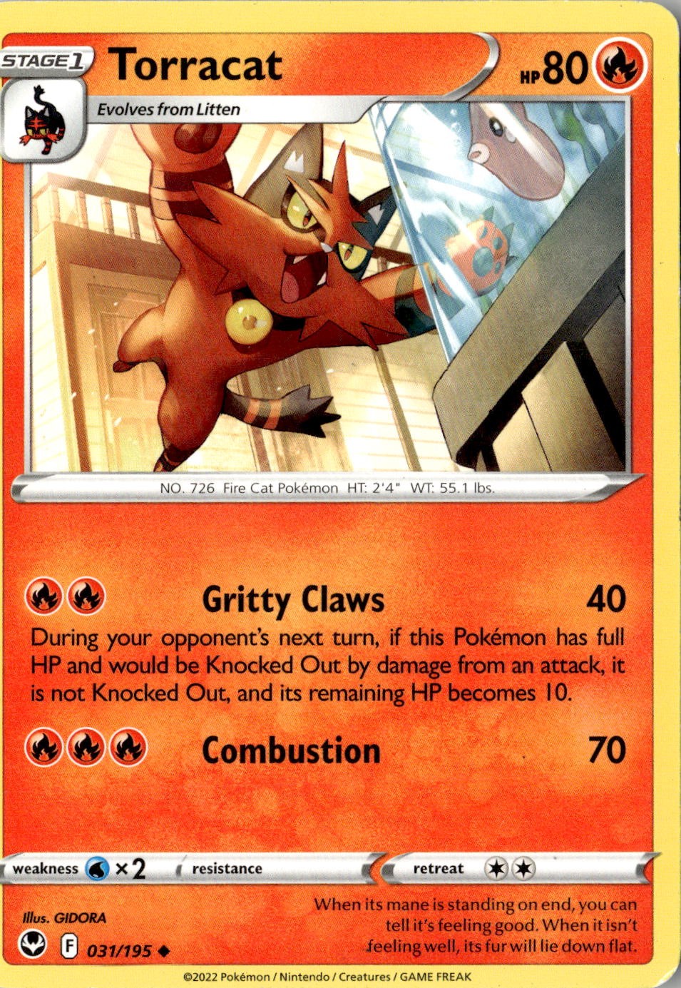 2022 POKEMON TORRACAT 031/195 UNCOMMON SILVER TEMPEST NEAR MINT