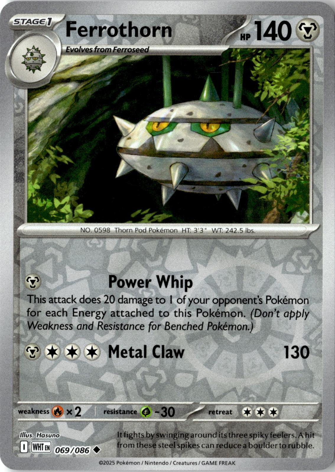 2025 POKEMON FERROTHORN 069/086 UNCOMMON WHITE FLARE REVERSE HOLO NEAR MINT