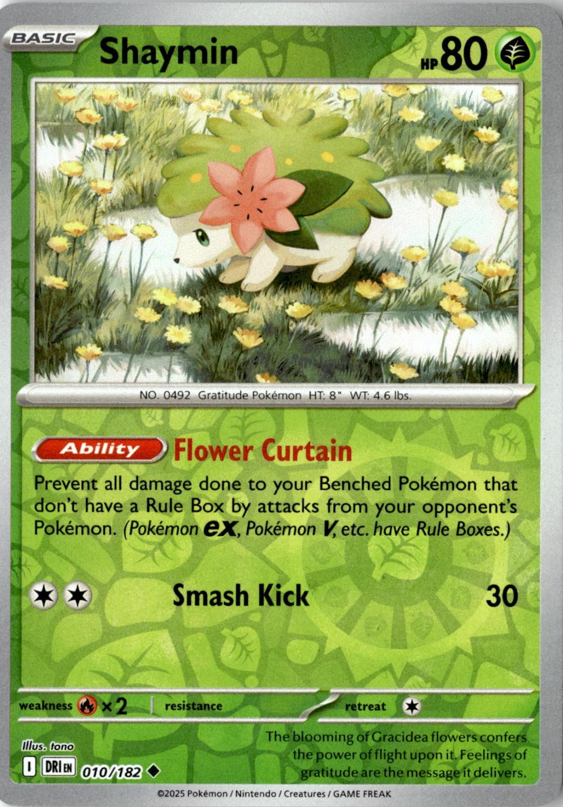 2025 POKEMON SHAYMIN 010/182 UNCOMMON DESTINED RIVALS REVERSE HOLO NEAR MINT