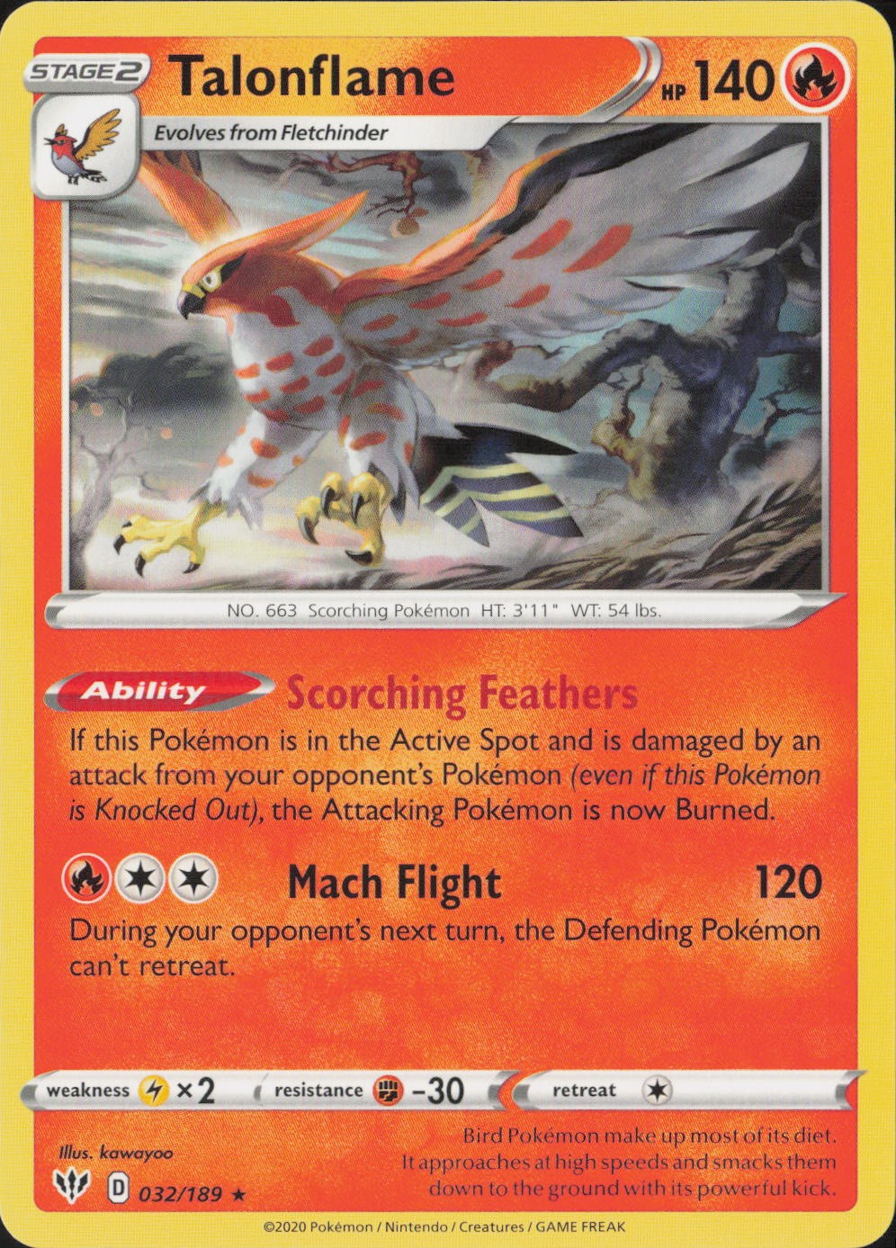 Talonflame Rare SWSH03: Darkness Ablaze 032/189 NM