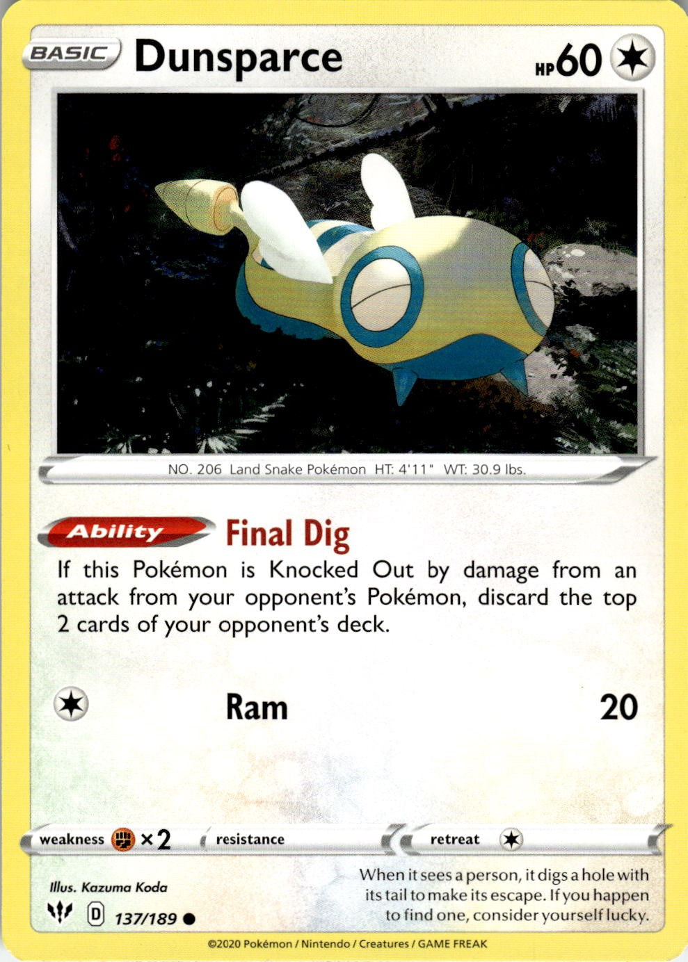 Dunsparce 137/189 Common Darkness Ablaze Pokemon NM