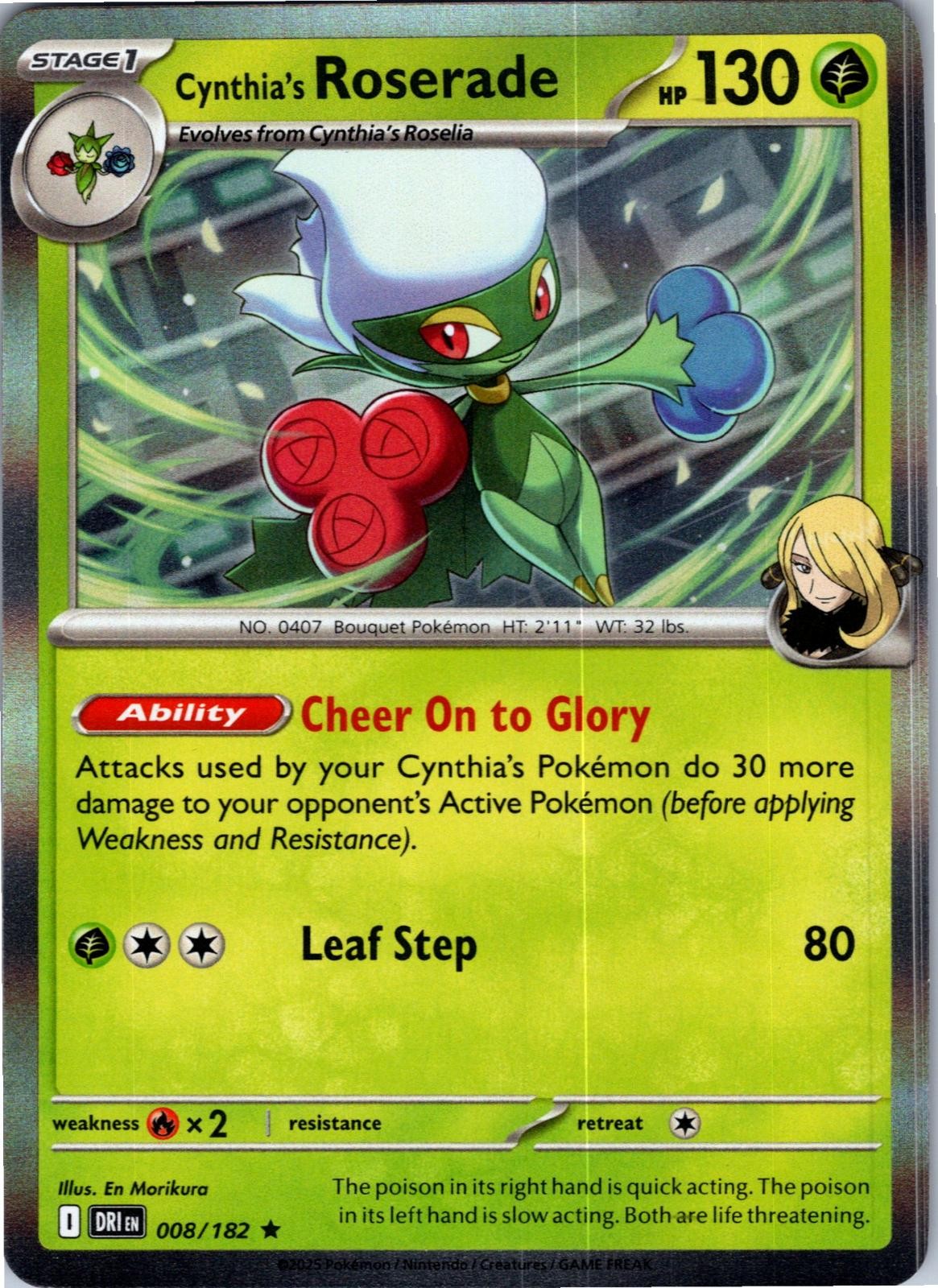 Cynthia's Roserade 008/182 Rare Destined Rivals Pokemon Holo Lightly Played