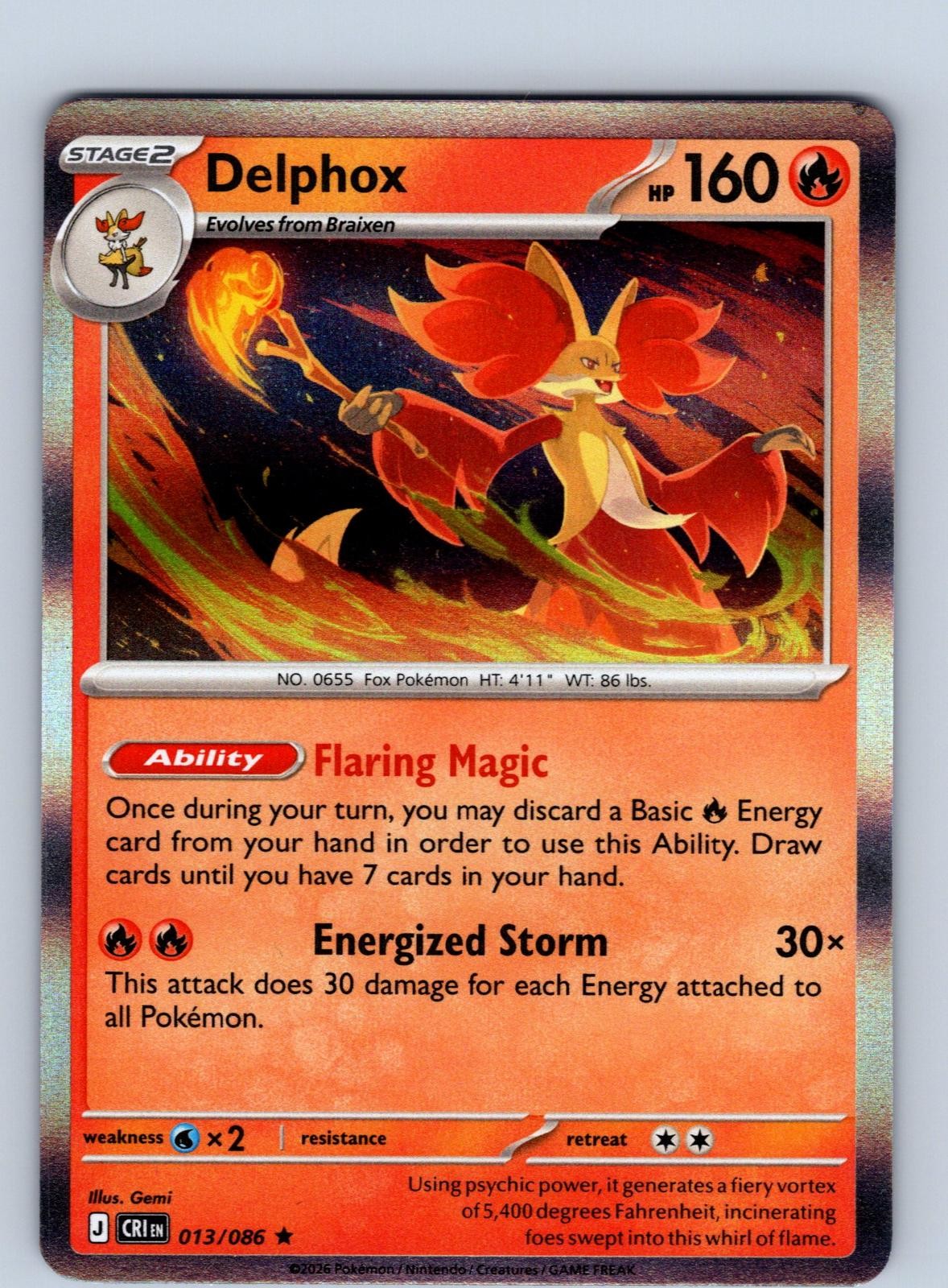 Delphox 013/086 Rare Chaos Rising Pokemon Holo Near Mint