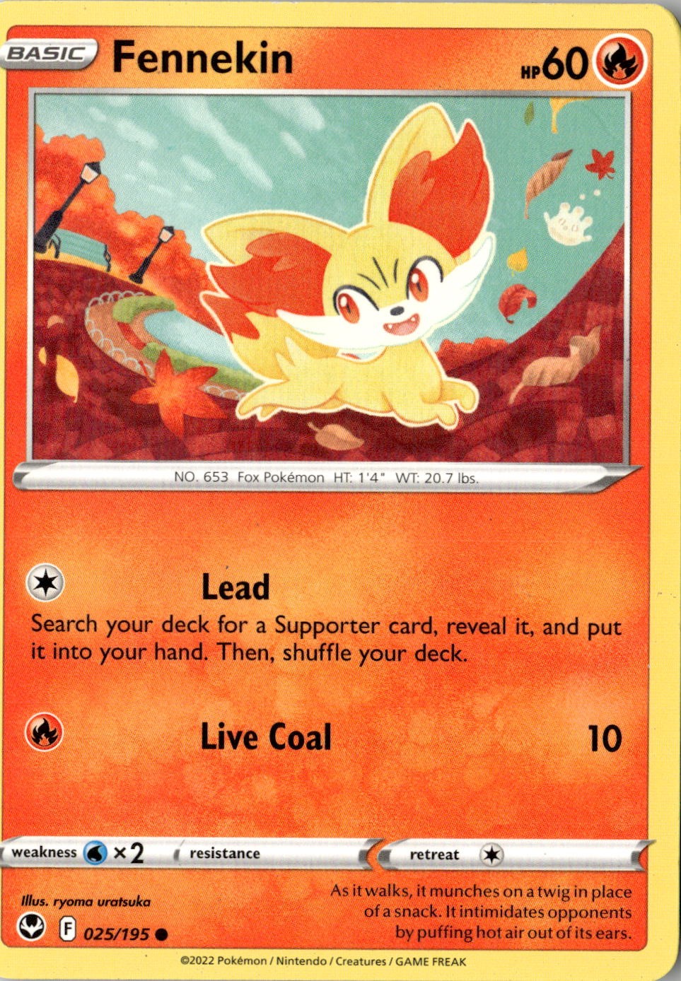 2022 POKEMON FENNEKIN 025/195 COMMON SILVER TEMPEST NEAR MINT
