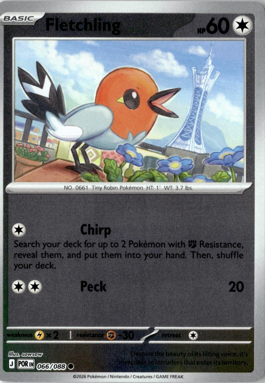 2026 POKEMON FLETCHLING 066/088 COMMON PERFECT ORDER REVERSE HOLO NEAR MINT