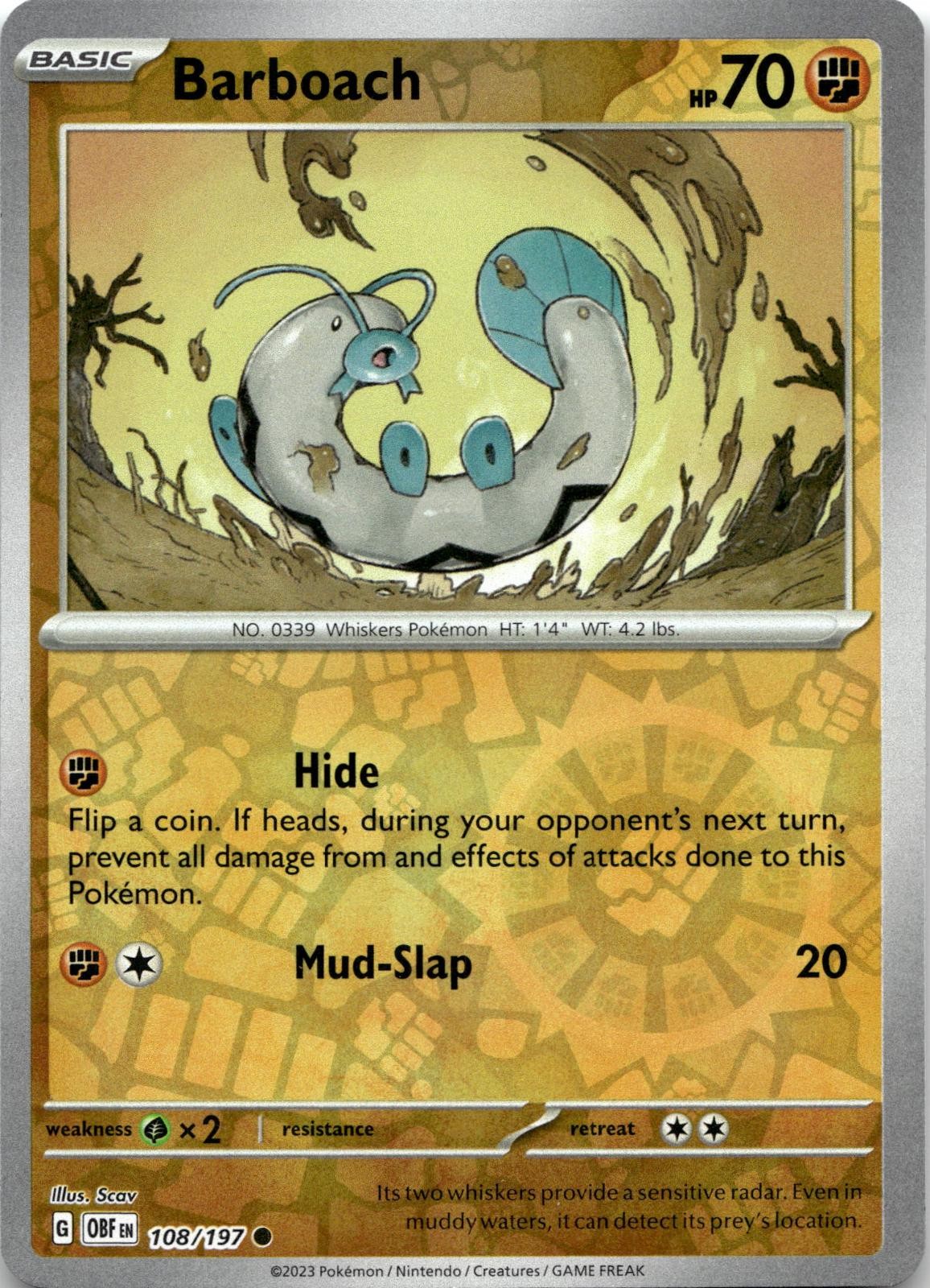 Barboach 108/197 Common Obsidian Flames Pokemon Reverse Holo Near Mint