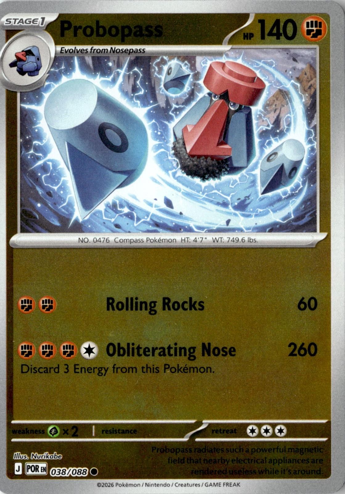 2026 POKEMON PROBOPASS 038/088 COMMON PERFECT ORDER REVERSE HOLO NEAR MINT