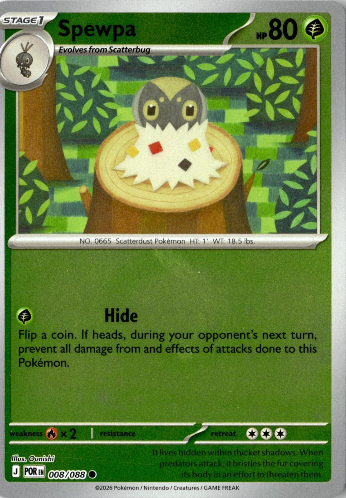 2026 POKEMON SPEWPA 008/088 COMMON PERFECT ORDER REVERSE HOLO NEAR MINT