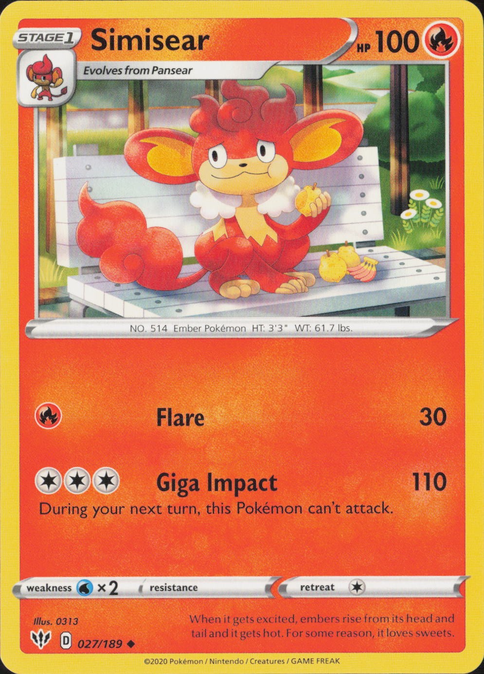 Simisear Uncommon SWSH03: Darkness Ablaze 027/189 NM