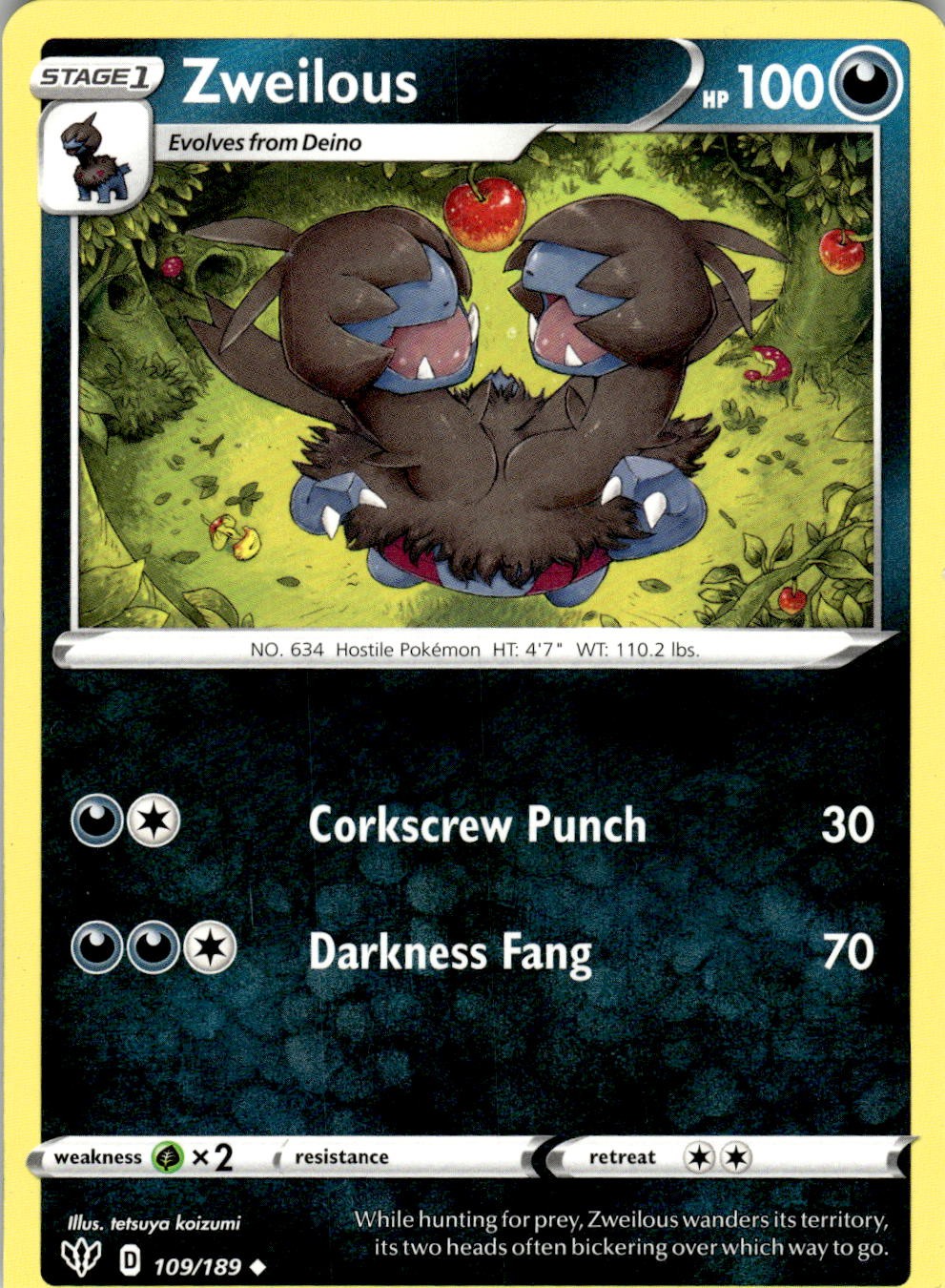 Zweilous 109/189 Uncommon Darkness Ablaze Pokemon Near Mint