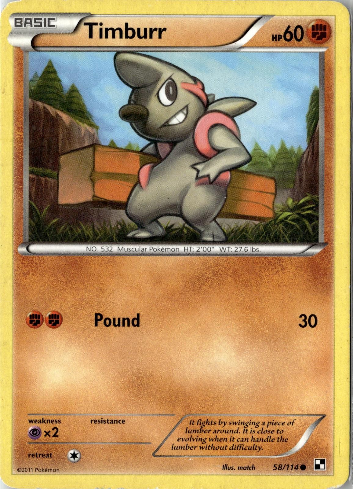 2011 POKEMON TIMBURR 58/114 COMMON BLACK & WHITE HEAVILY PLAYED