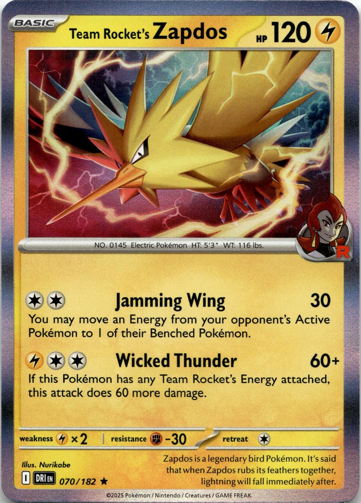 Team Rocket's Zapdos 070/182 Rare Destined Rivals Pokemon Holo Near Mint