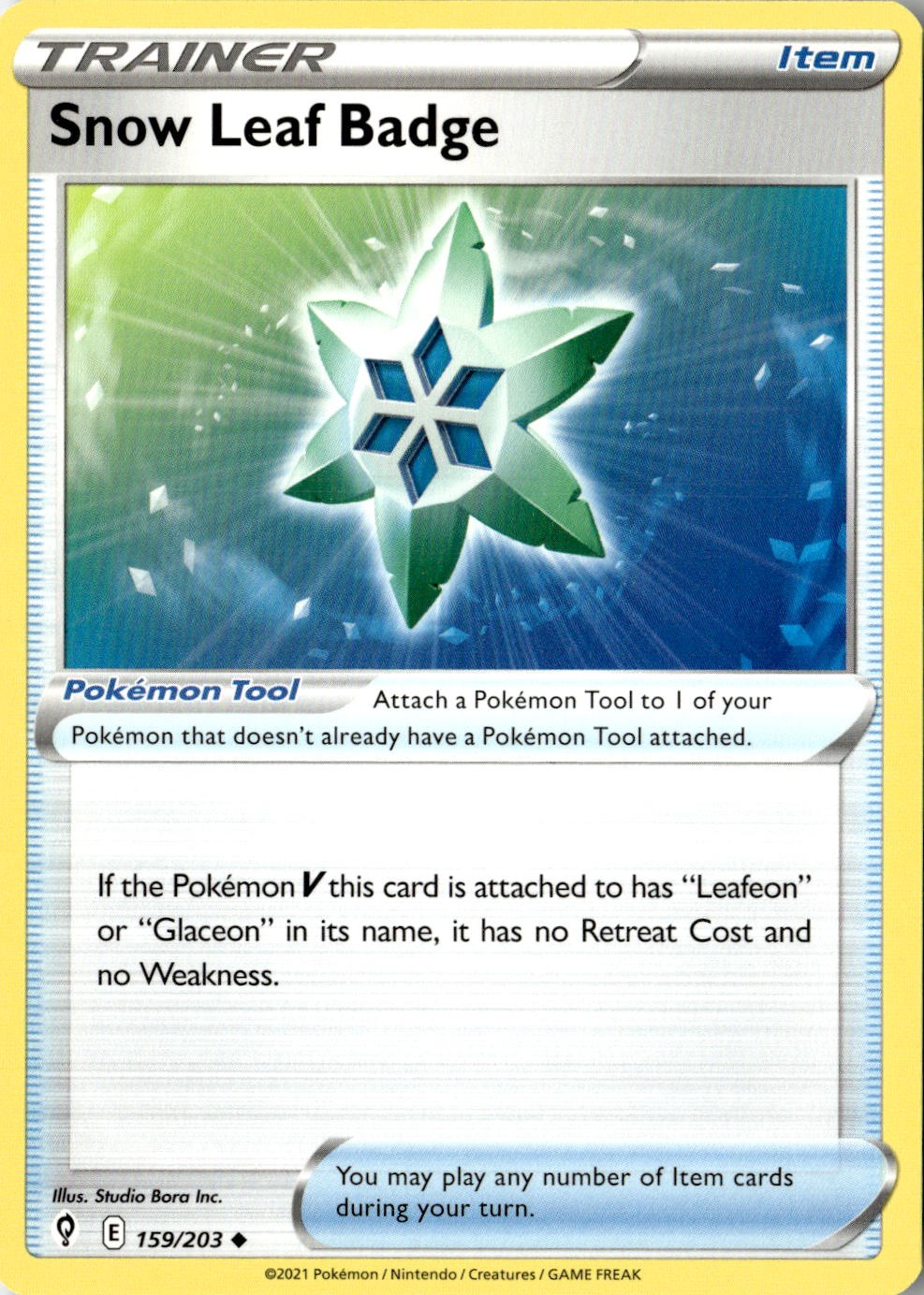 2021 POKEMON SNOW LEAF BADGE 159/203 UNCOMMON EVOLVING SKIES NEAR MINT