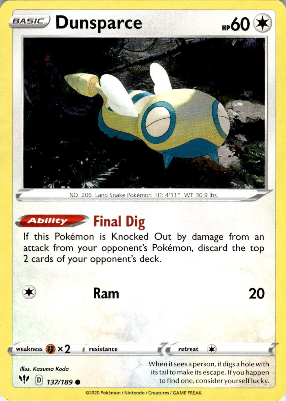 Dunsparce 137/189 Common Darkness Ablaze Pokemon Near Mint
