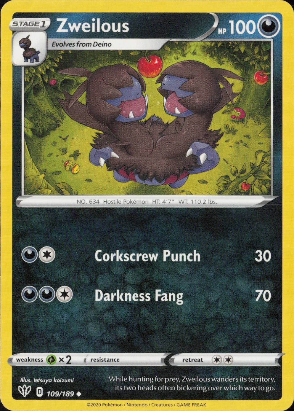 Zweilous Uncommon SWSH03: Darkness Ablaze 109/189 NM