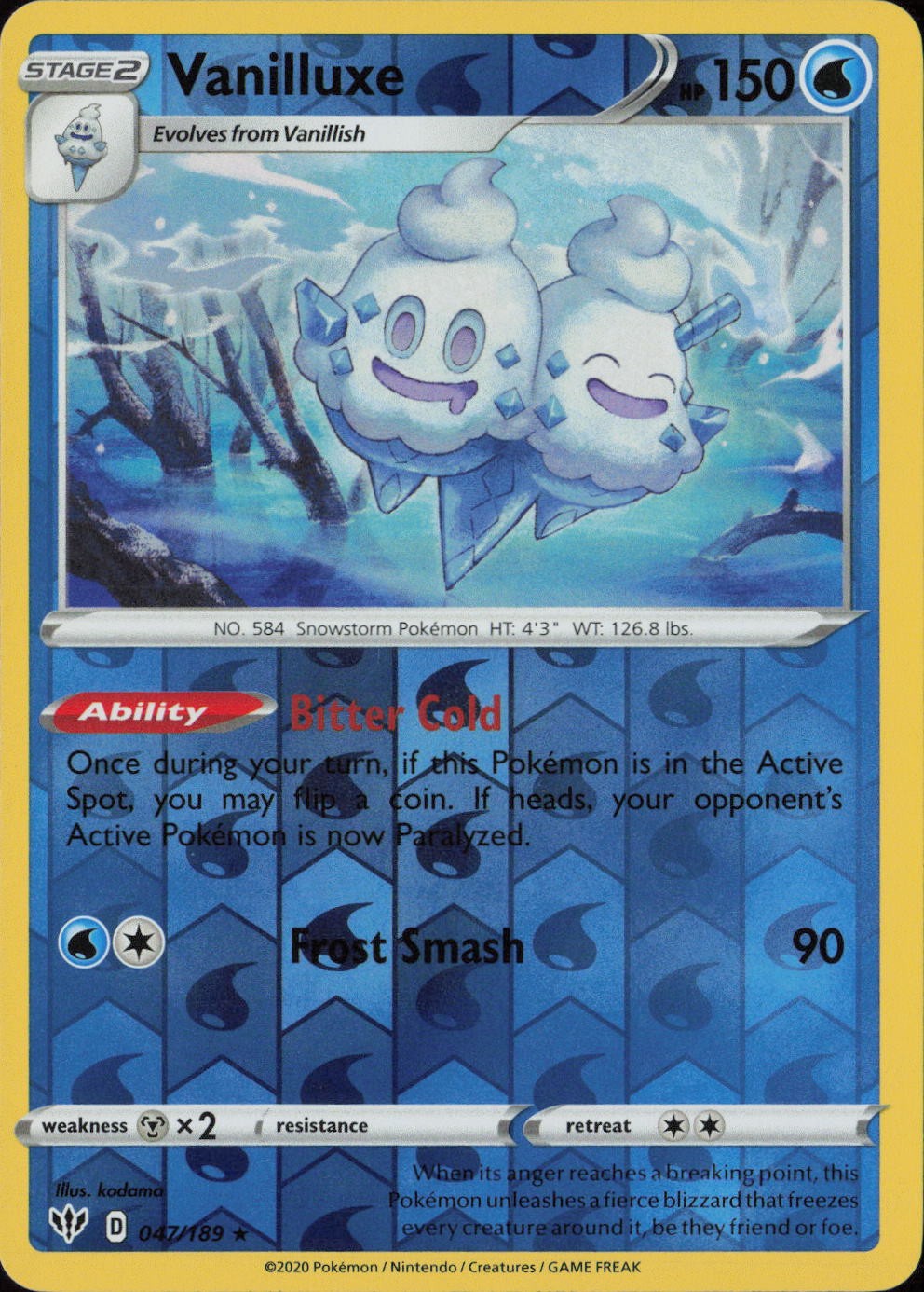Vanilluxe Reverse Holo Rare SWSH03: Darkness Ablaze 047/189 NM