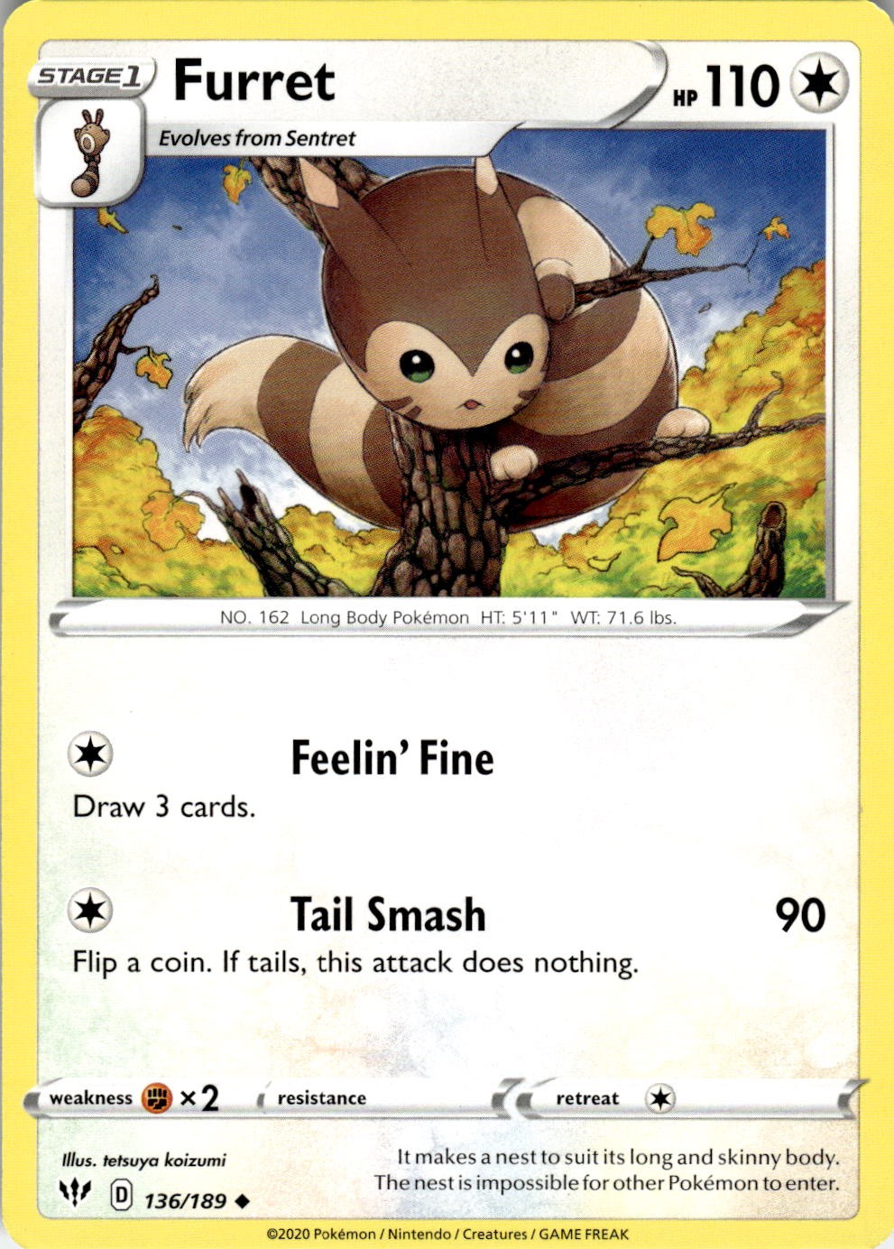 Furret 136/189 Uncommon Darkness Ablaze Pokemon Near Mint
